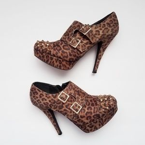 Leopard Print Studded Heels with Buckles